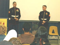 SGT. Alex Dunn and CPL Luis Cardona speak to a group of high school students at Sana’a’s International School (SIS)